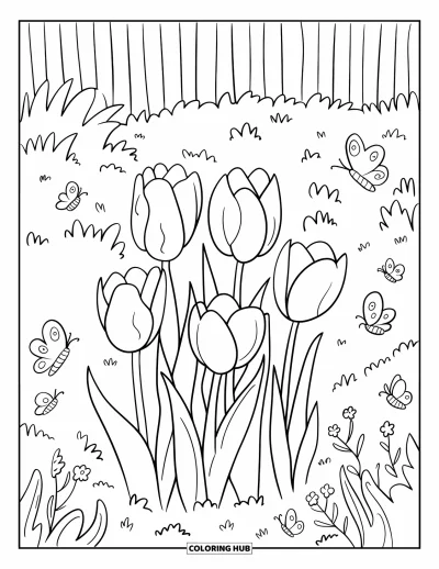 Tegning med tulipaner til voksne: Tulipaner svajer blidt mens sommerfugle og bier flagrer i nærheden
