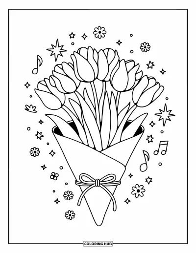 Tegning med tulipaner til voksne: Tulipaner pakket ind i papir med glimmer og små blomster der svæver omkring