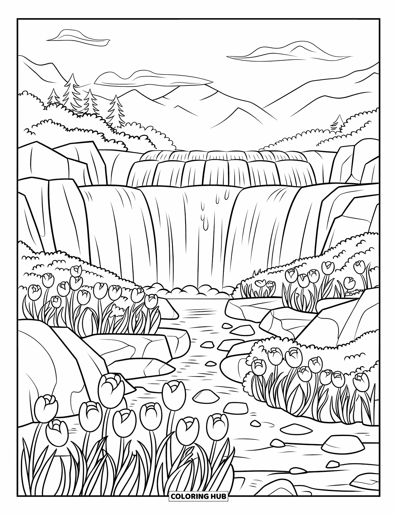 Tulip Coloring Page for Adults: Wild tulips bloom near a waterfall cascading over rocks