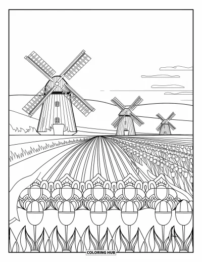 Tegning med tulipaner til voksne: Vindmøller med udsigt over endeløse tulipanmarker i en hollandsk-inspireret scene
