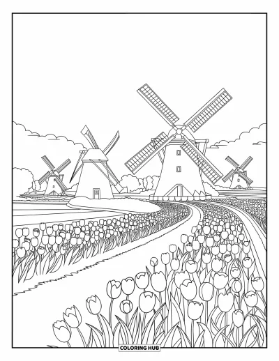 Tegning med tulipaner til voksne: Vindmøller står blandt tulipanmarker i et fredeligt hollandsk landskab