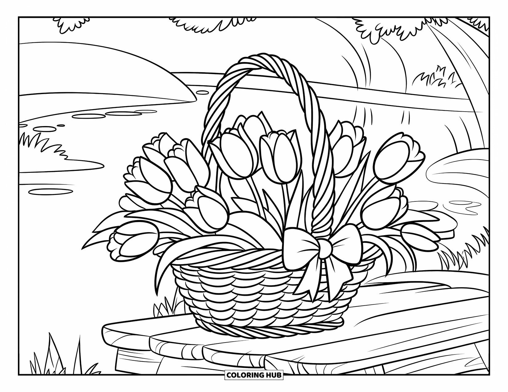 Tulip Coloring Page for Kids: A basket of tulips with a bow sits on a wooden platform by a bridge