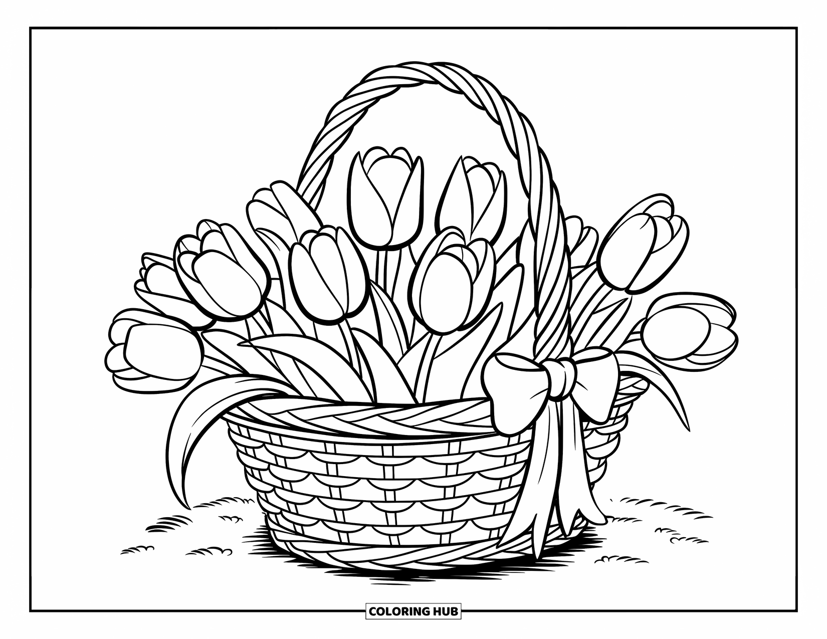 Tulip Coloring Page for Kids: A basket of tulips with a bow sits on the ground