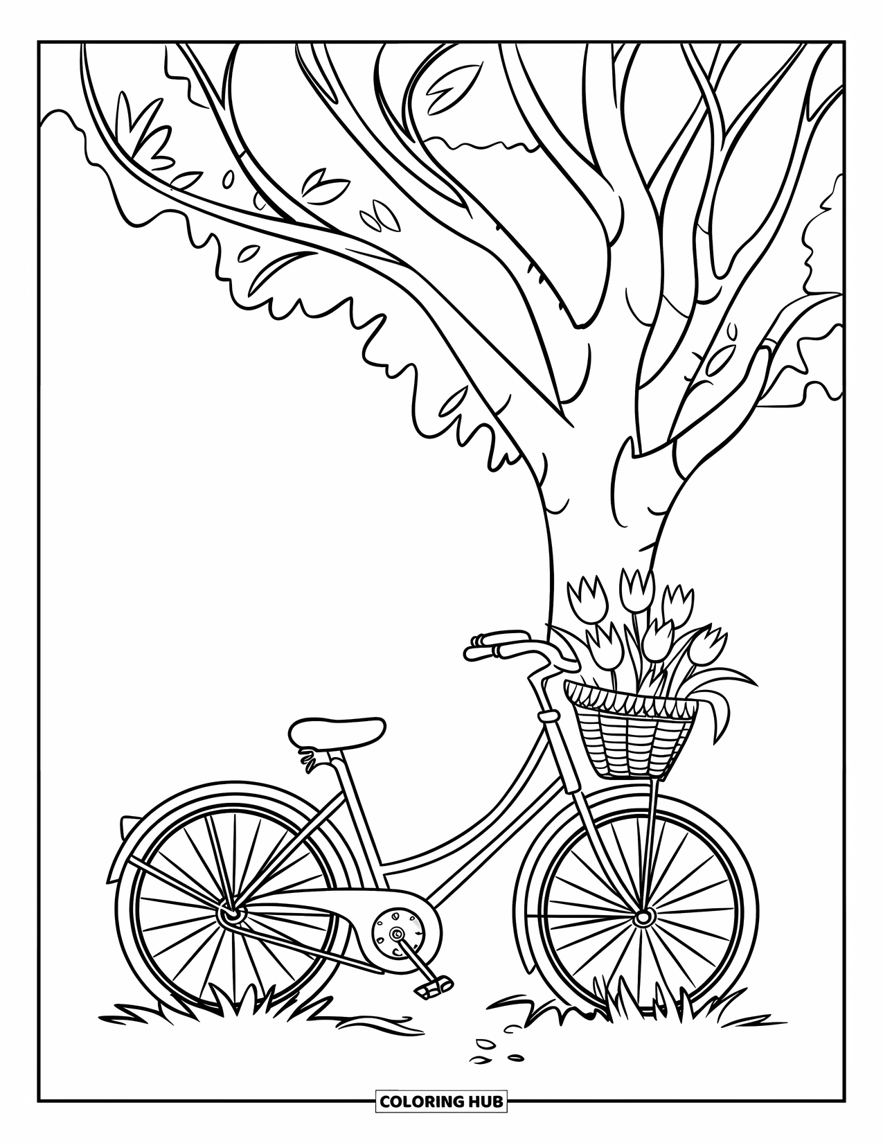 Tulip Coloring Page for Kids: A bicycle leans against a tree, with a basket full of tulips