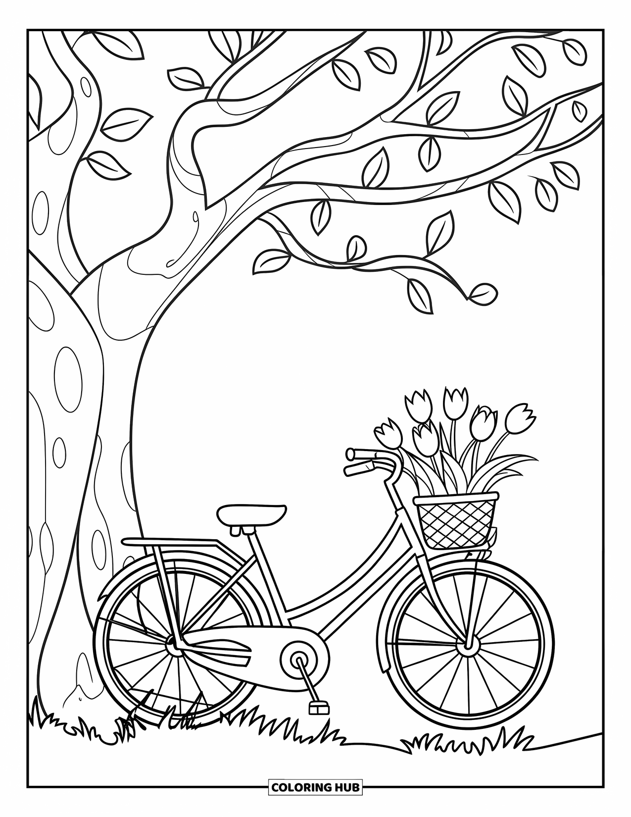 Tulip Coloring Page for Kids: A bicycle rests by a tree, its basket filled with tulips