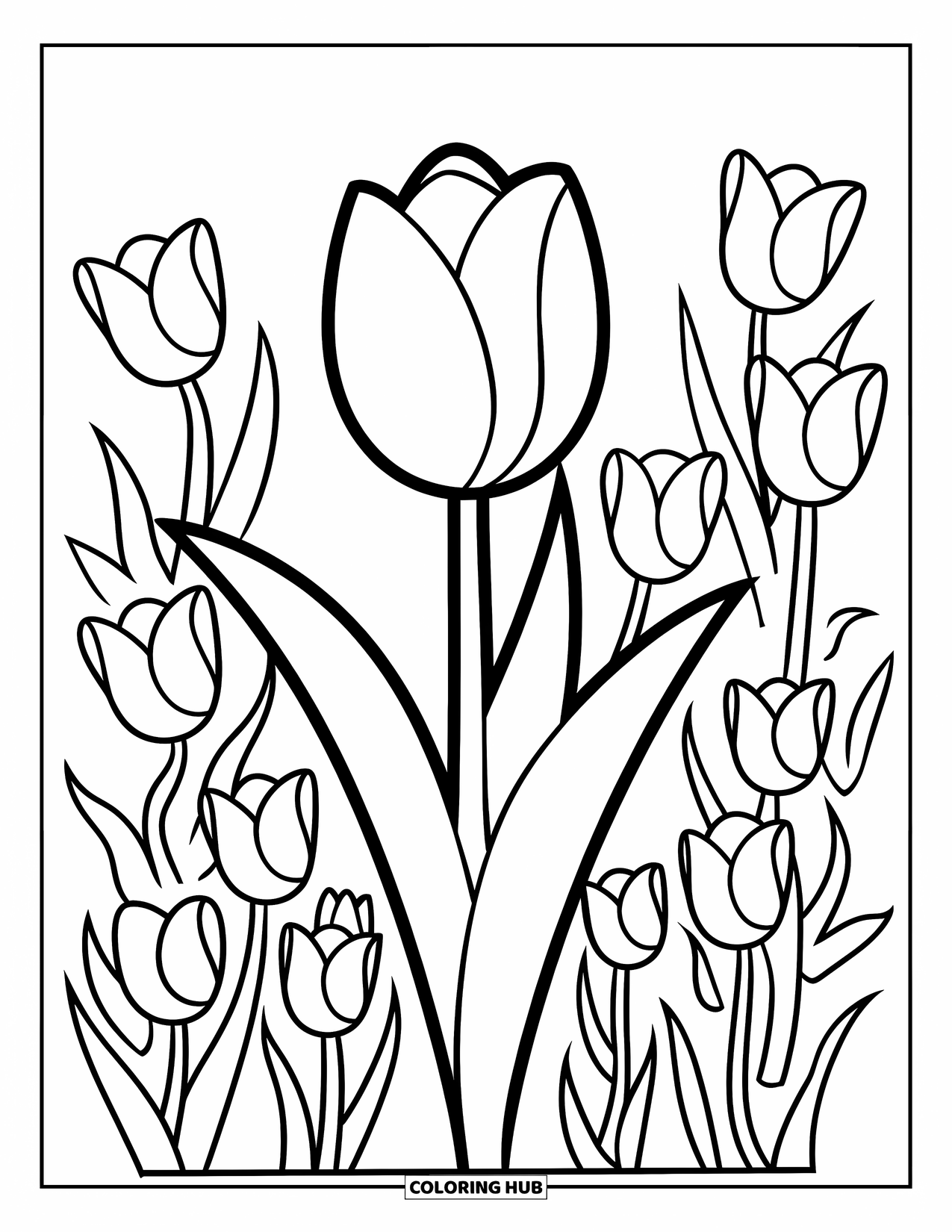 Tulip Coloring Page for Kids: A big tulip stands surrounded by tiny tulip flowers