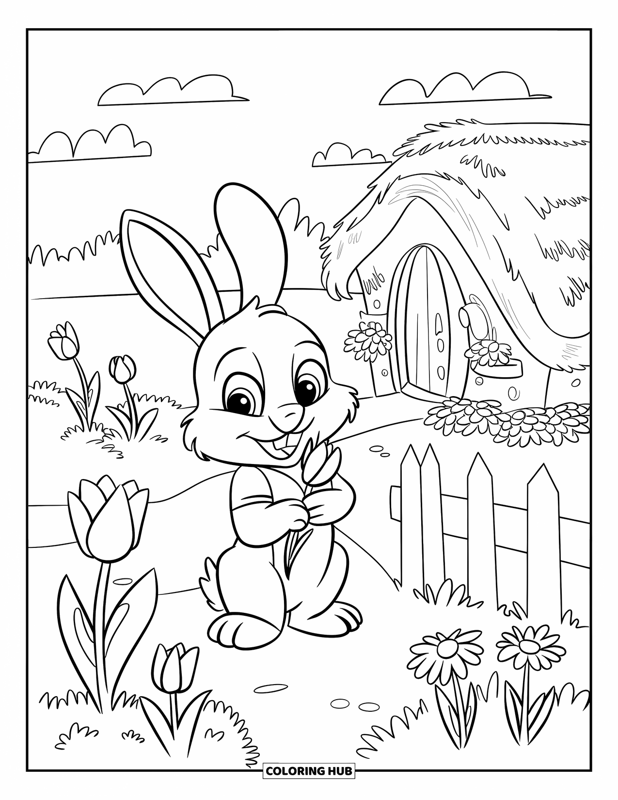 Tulip Coloring Page for Kids: A bunny holds a tulip among flowers, near a picket fence and cottage