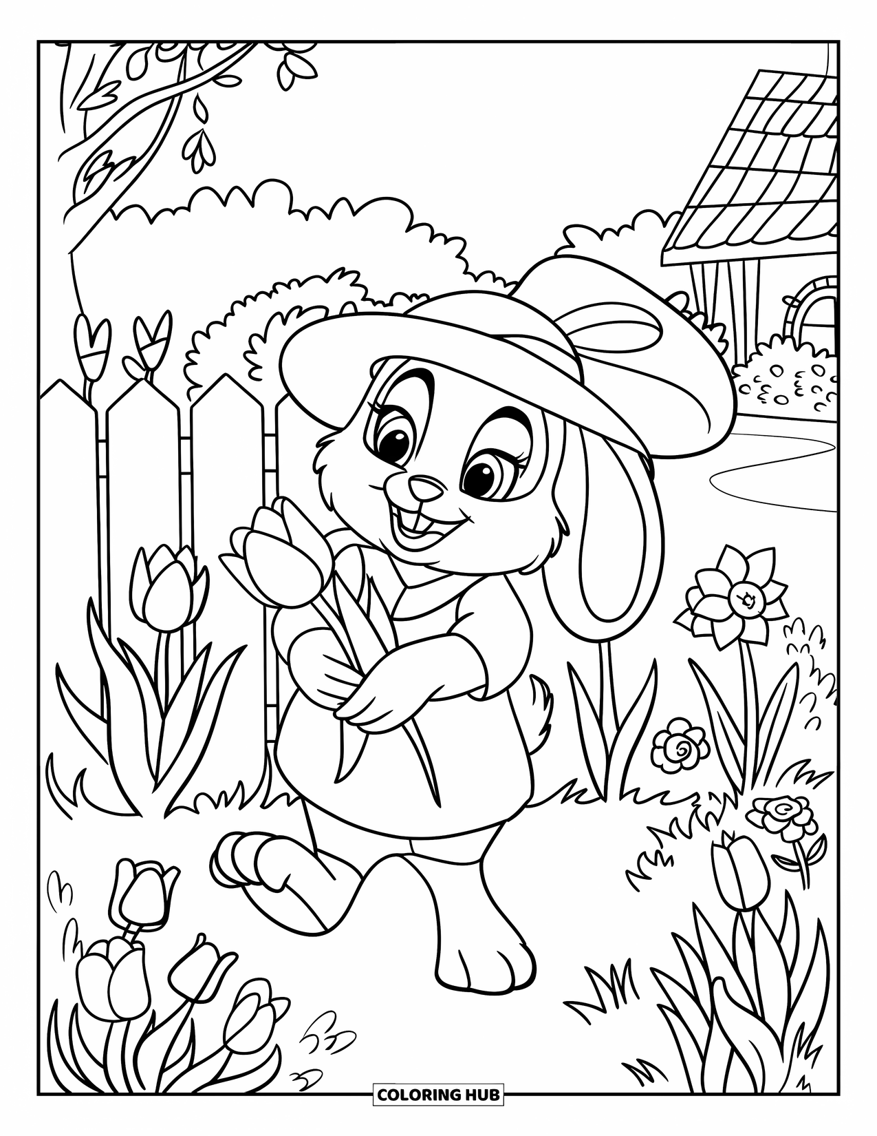 Tulip Coloring Page for Kids: A bunny holds a tulip in a garden with a fence and cottage