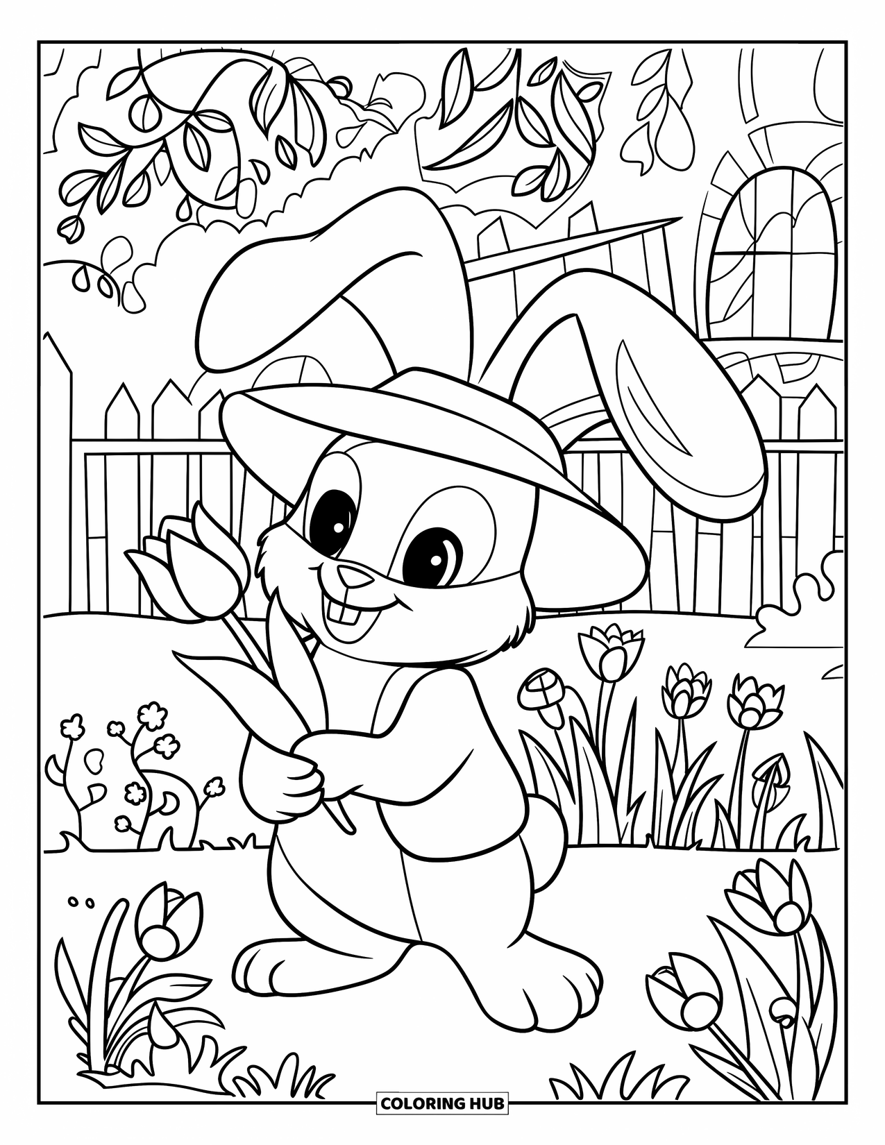 Tulip Coloring Page for Kids: A bunny in a green hat holds a tulip in a flower-filled garden