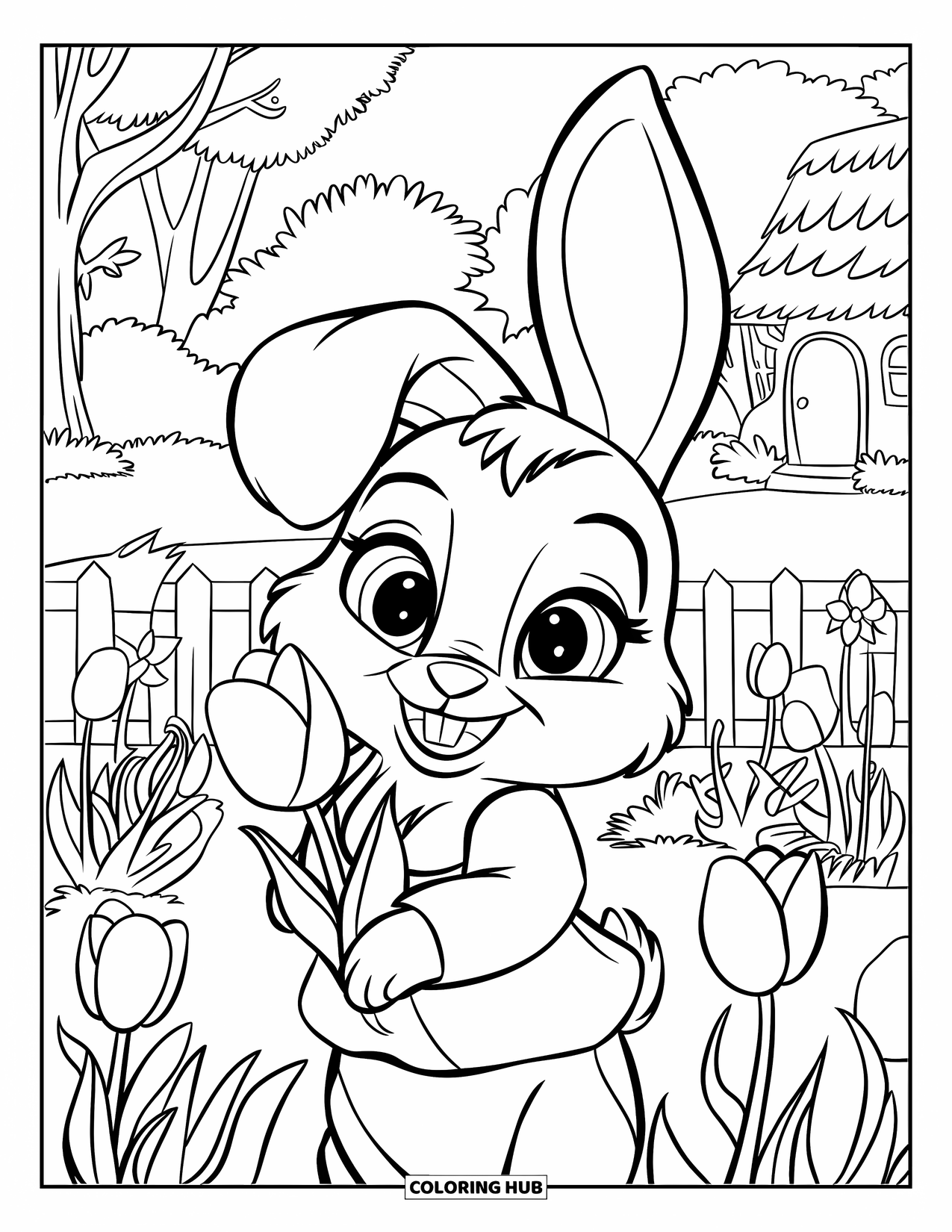 Tulip Coloring Page for Kids: A bunny with big eyes holds a tulip in a garden with a fence