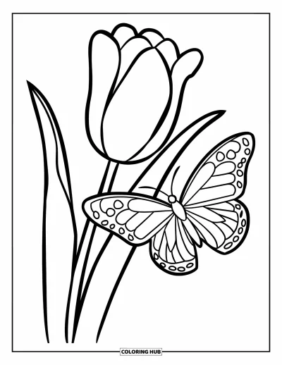 Tegning med tulipaner til børn: En sommerfugl hviler på et tulipanblad i en enkel havescene