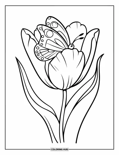 Tegning med tulipaner til børn: En sommerfugl sidder på et tulipanblad omgivet af grønne blade