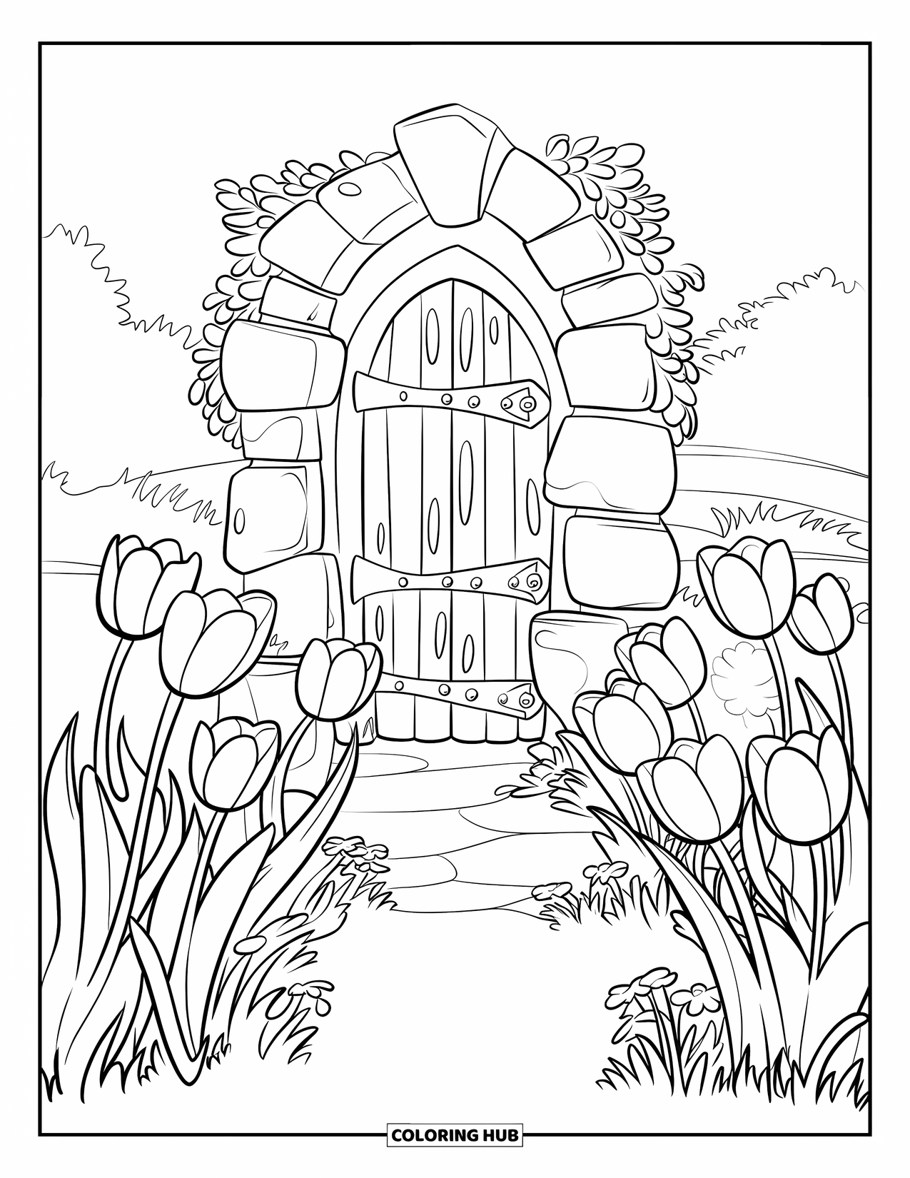 Tulip Coloring Page for Kids: A carved stone doorway stands among wild tulips of different heights