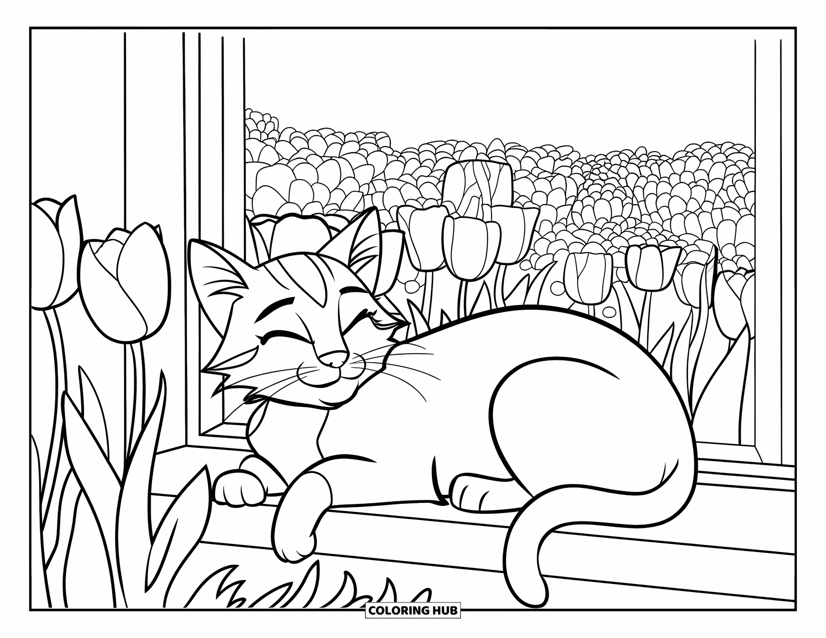 Tulip Coloring Page for Kids: A cat lounges on a windowsill overlooking a tulip garden, eyes closed and peaceful