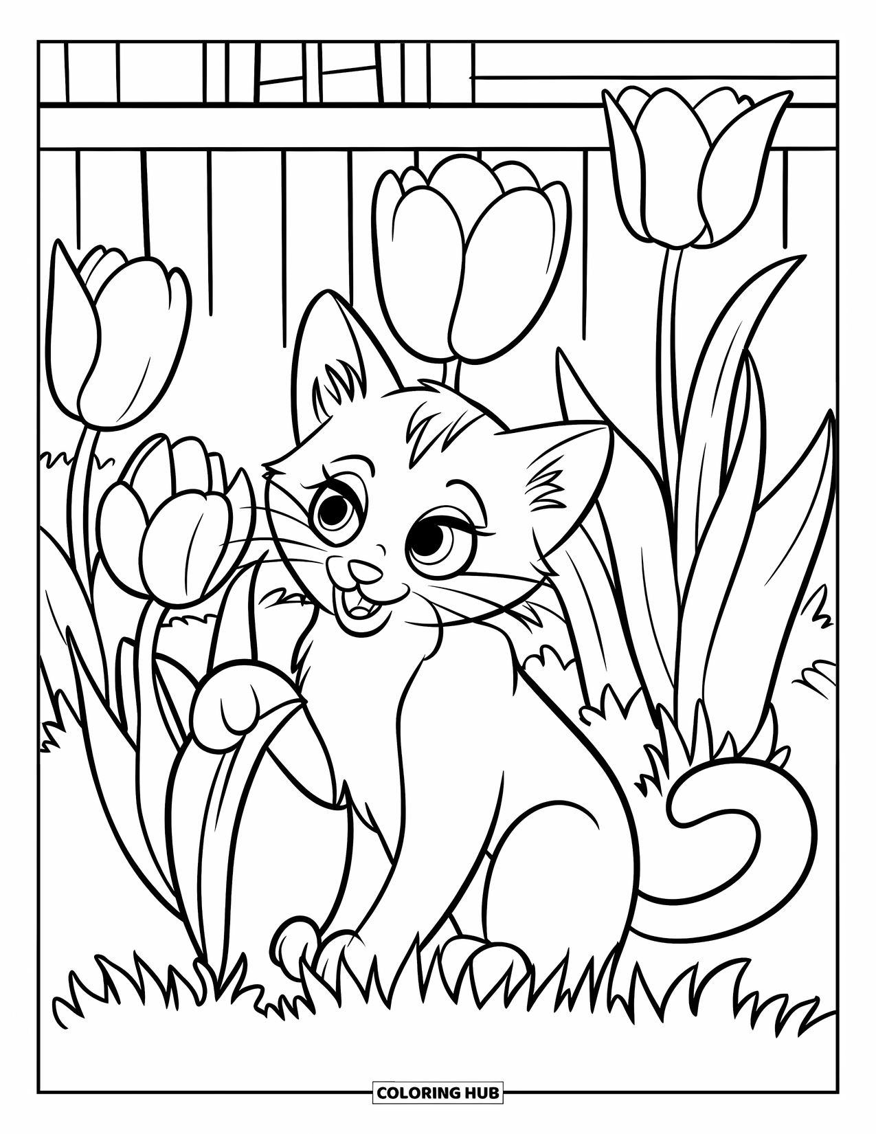 Tulip Coloring Page for Kids: A cat plays with a tulip in a garden, sitting in the grass
