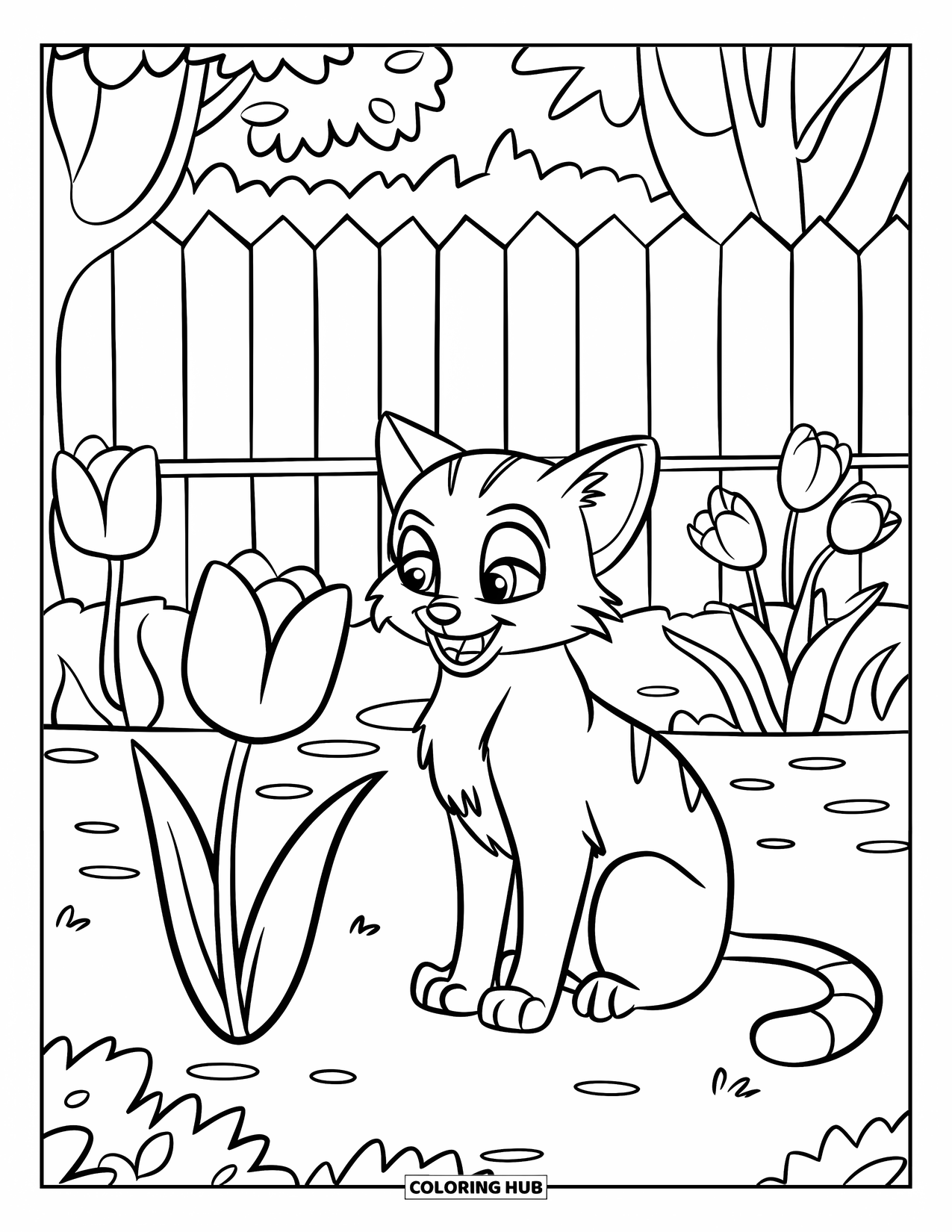 Tulip Coloring Page for Kids: A cat plays with a tulip in a garden with a fence and trees