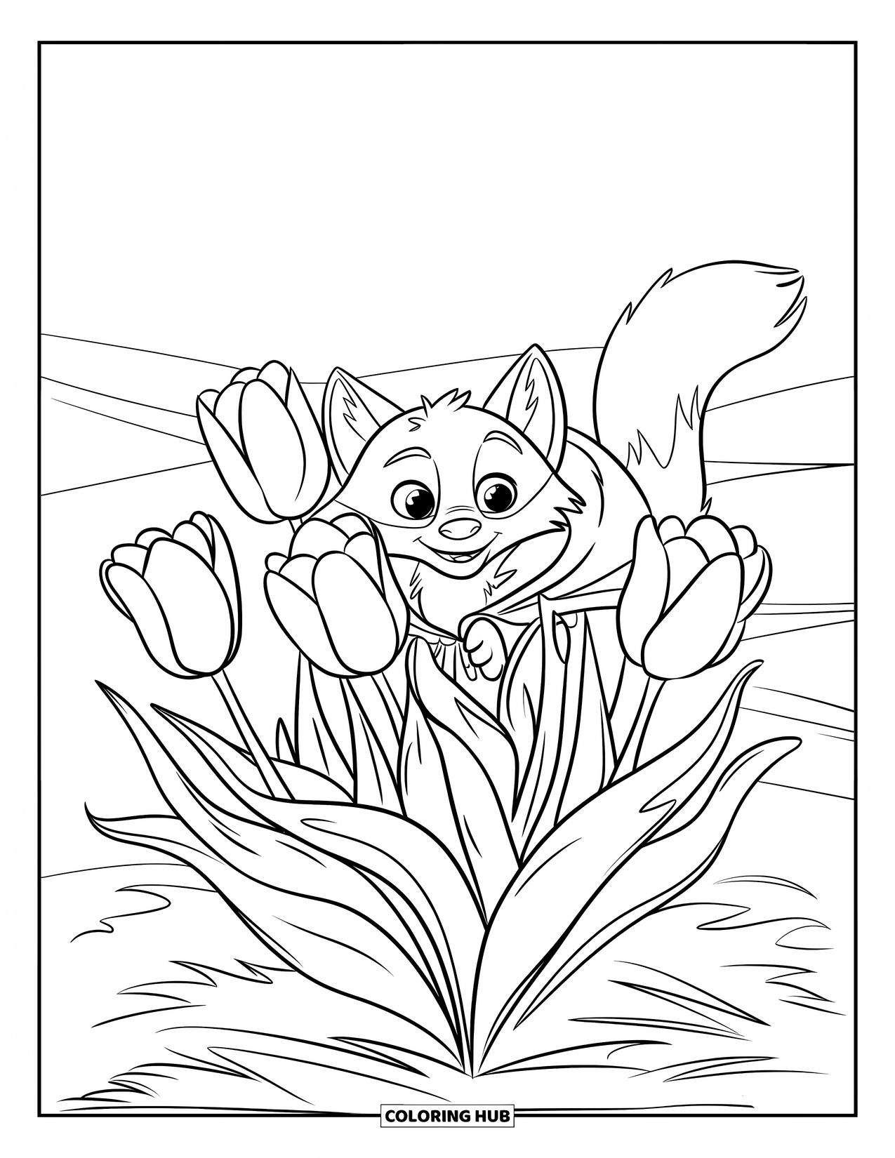Tulip Coloring Page for Kids: A fox with a bushy tail peeks through tulips, wearing a red cape