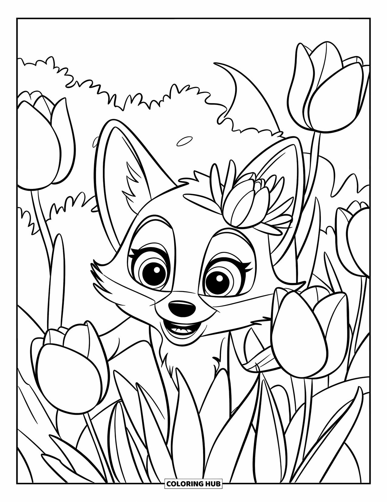 Tulip Coloring Page for Kids: A fox with a flower crown peeks through tulips in a garden
