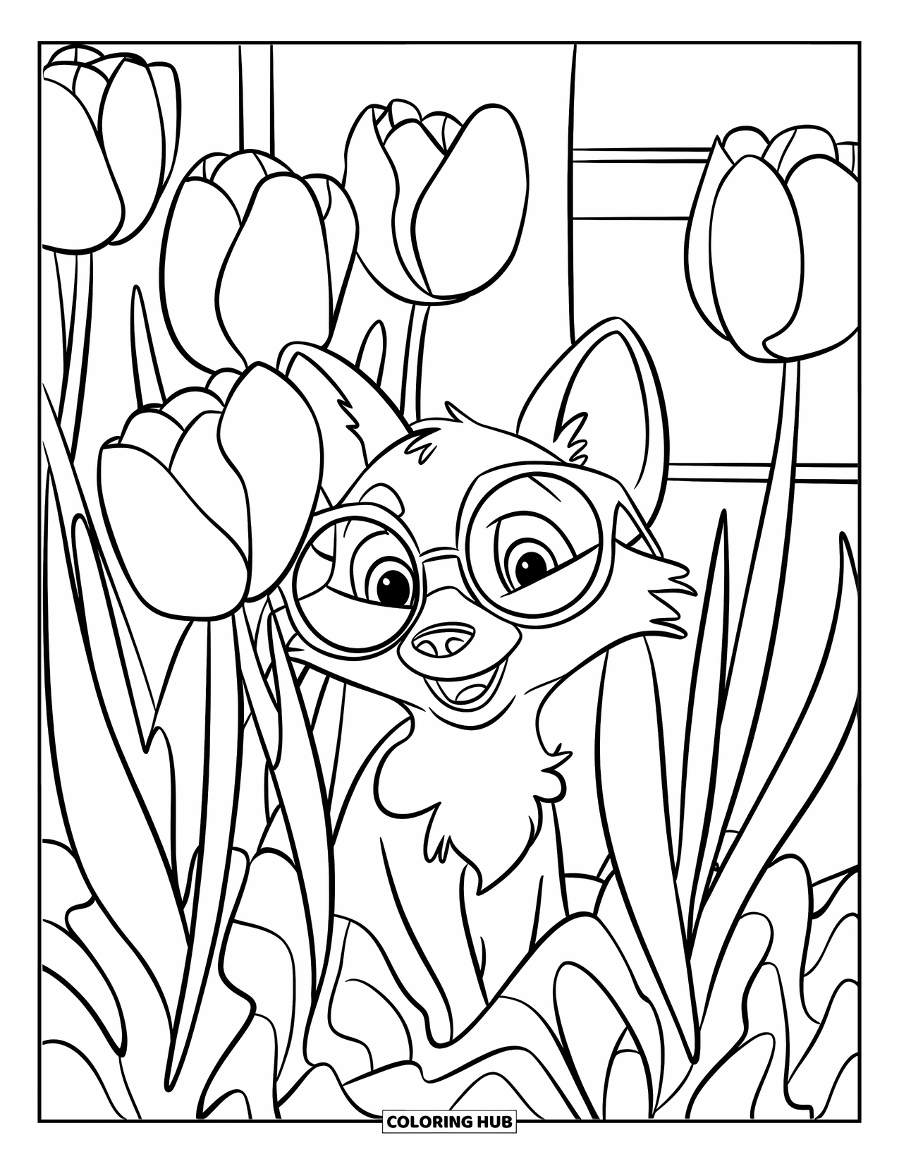 Tulip Coloring Page for Kids: A fox with glasses peeks through tulips, curious and playful
