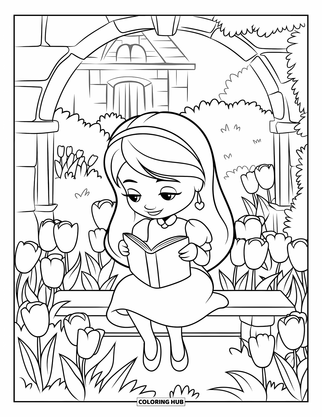 Tulip Coloring Page for Kids: A girl reads a book among tulips, sitting on a stone bench in a garden