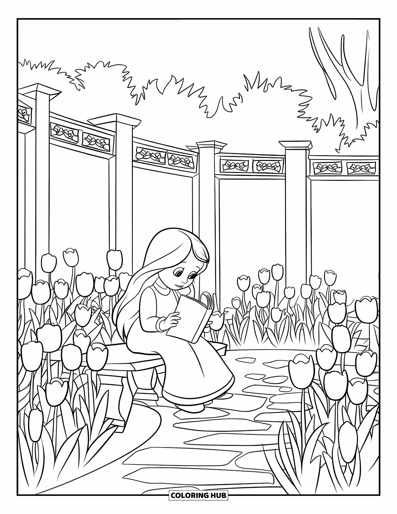 Tulip Coloring Page for Kids: A girl sits on a stone bench reading, surrounded by tulips in a garden