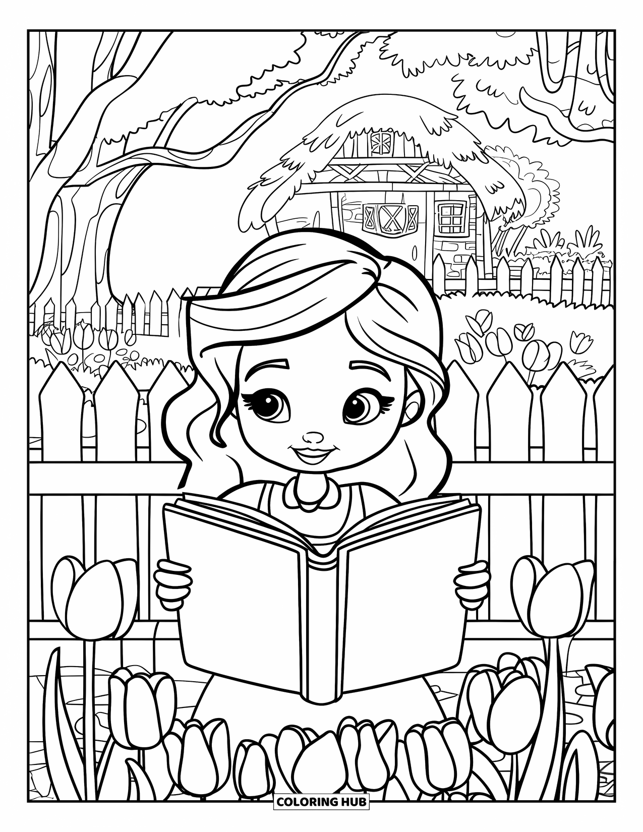 Tulip Coloring Page for Kids: A girl with red hair reads a book among tulips in a secret garden