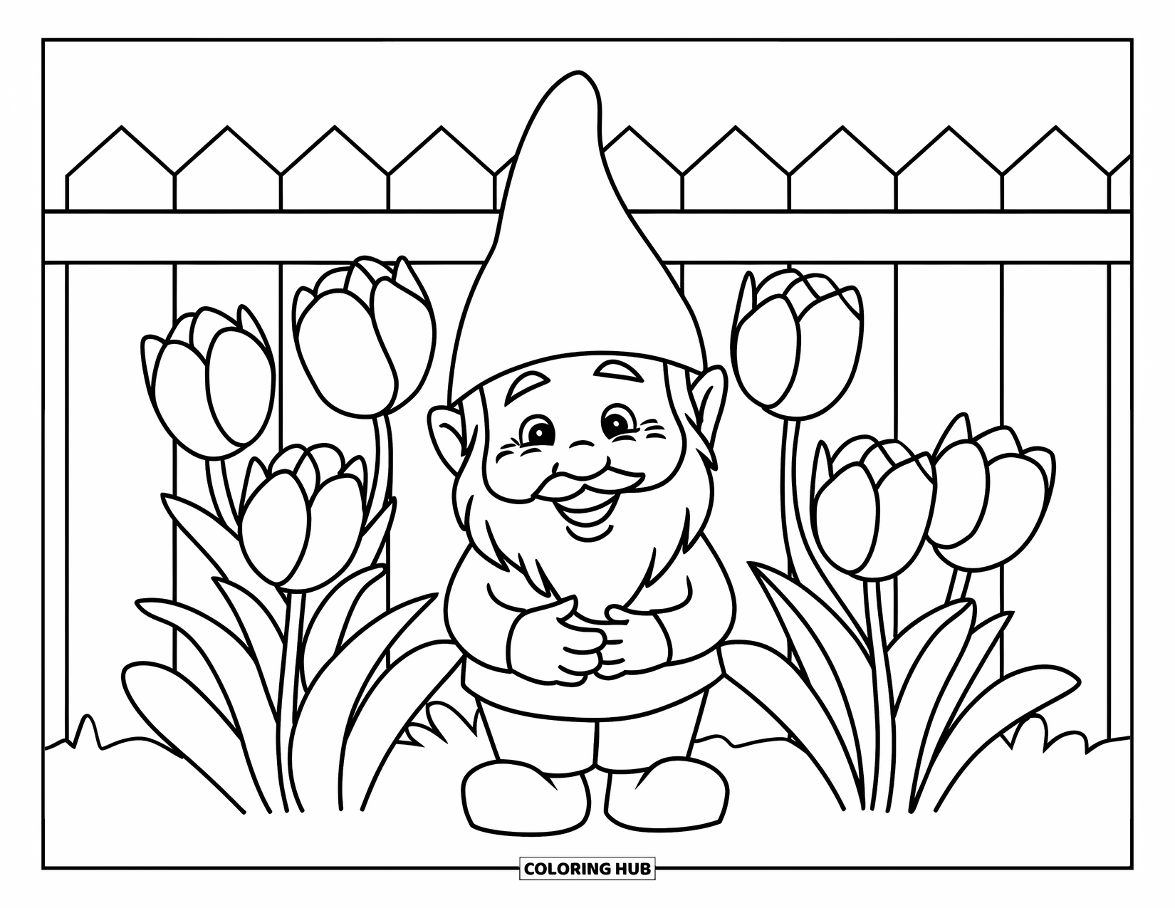 Tulip Coloring Page for Kids: A gnome in a red hat stands among red and yellow tulips by a fence