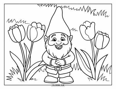 Tegning med tulipaner til børn: En nisse med rød hat står blandt tulipaner og ser glad ud