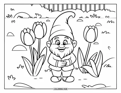 Tegning med tulipaner til børn: En nisse med grøn hat står blandt tulipaner ved et hvidt hegn