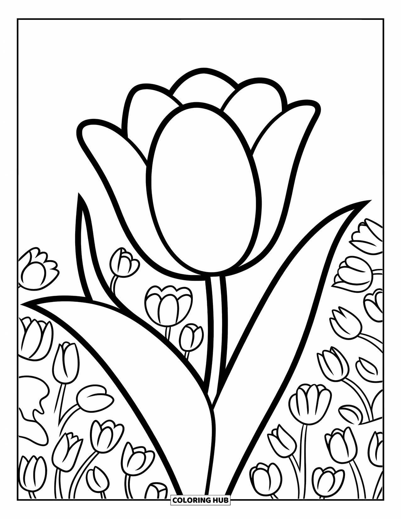 Tulip Coloring Page for Kids: A large tulip blooms among smaller tulip flowers