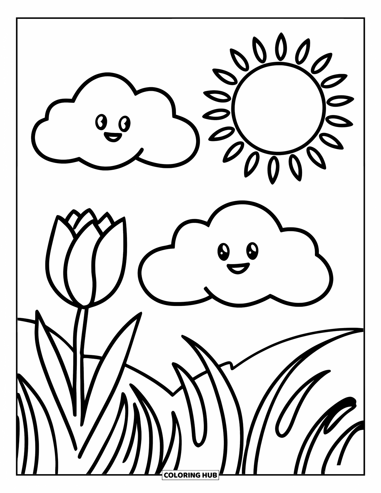 Tulip Coloring Page for Kids: A tulip blooms under a smiling cloud and a sunny sky