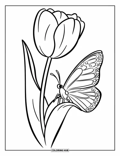 Tegning med tulipaner til børn: En tulipan bærer en sommerfugl på sit blad i en rolig have