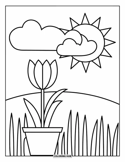Tegning med tulipaner til børn: En tulipan i en potte sidder under en smilende sky og en solrig himmel