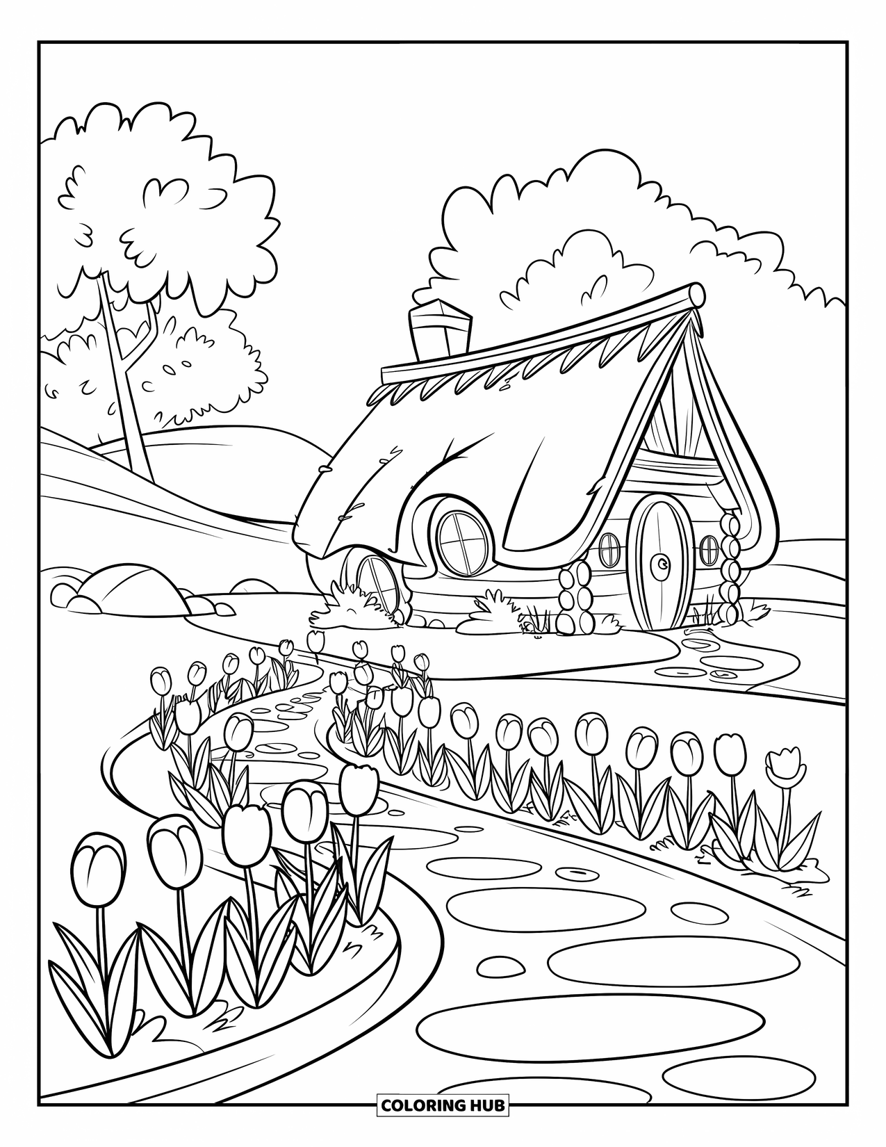Tulip Coloring Page for Kids: A tulip-lined path curves toward a cabin with a thatched roof