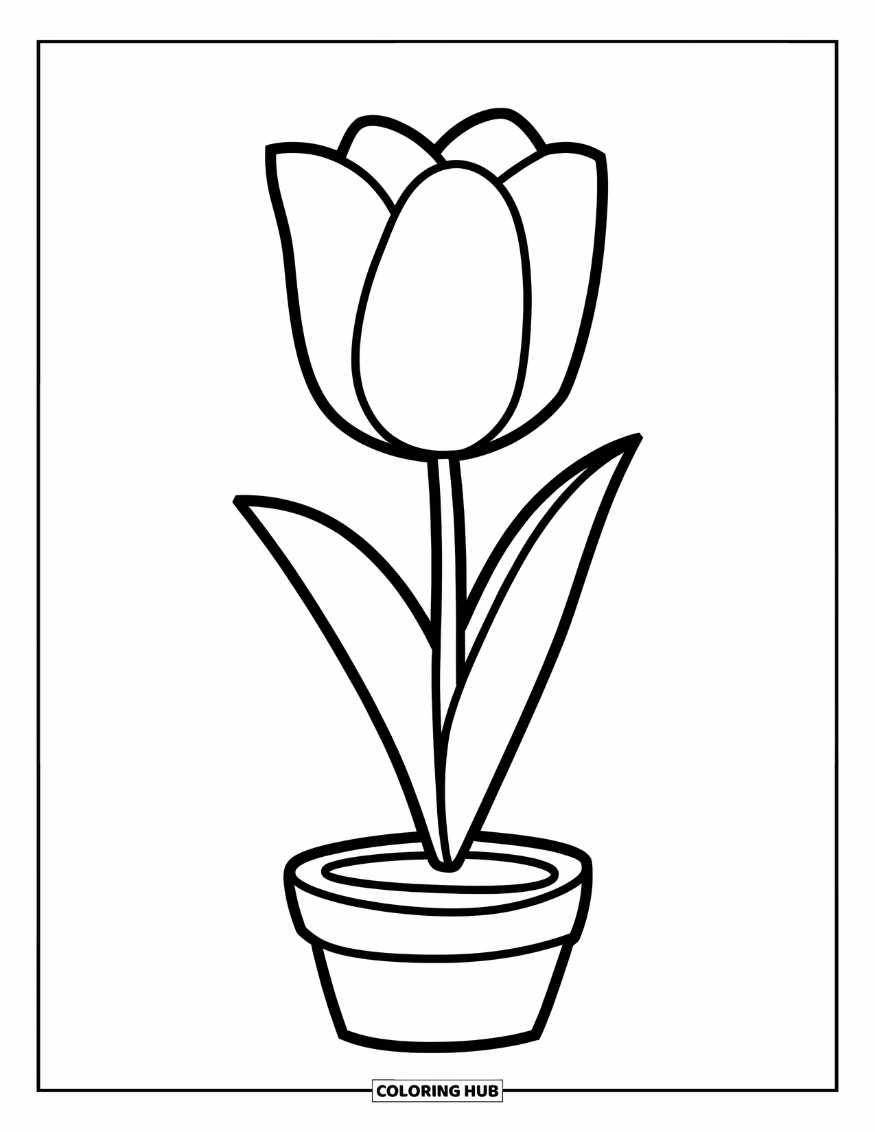 Tulip Coloring Page for Kids: A tulip stands alone in a small pot with a few leaves