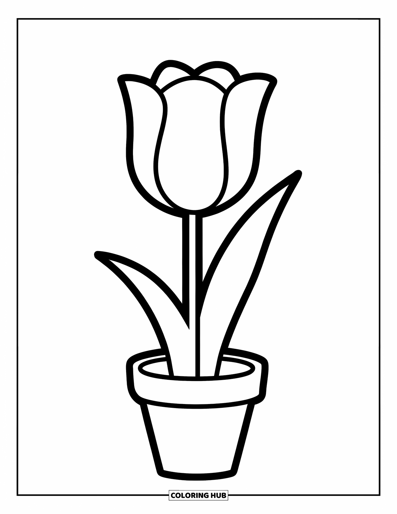 Tulip Coloring Page for Kids: A tulip stands in a pot with curved leaves, simple and sweet