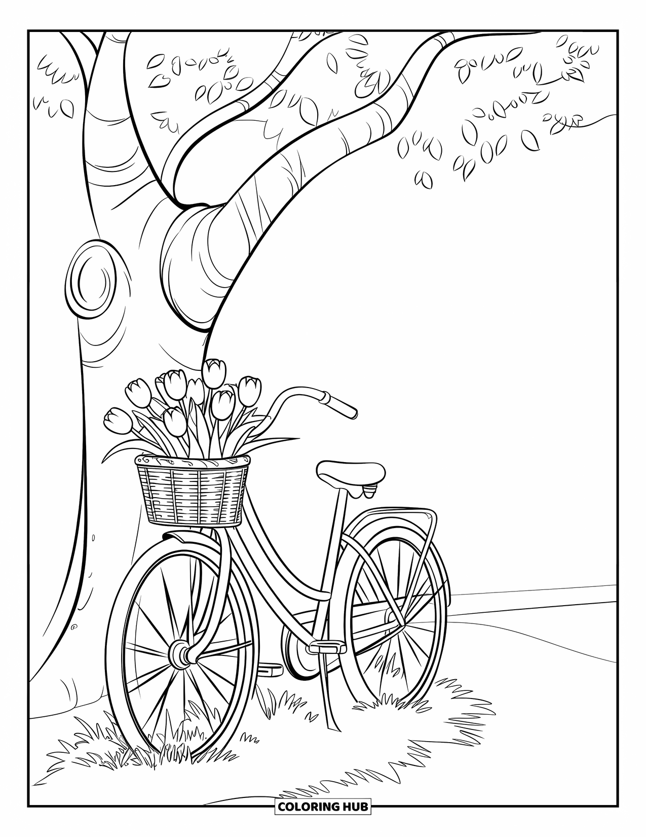 Tulip Coloring Page for Kids: A vintage bicycle with a basket of tulips leans against a tree