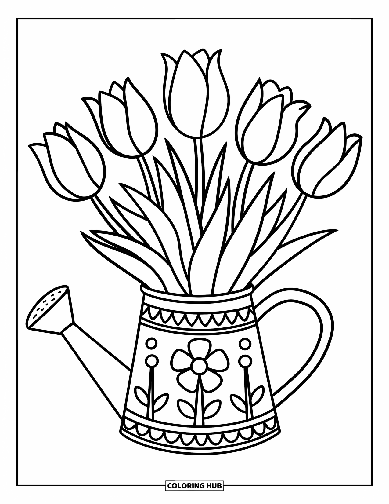 Tulip Coloring Page for Kids: A watering can with flowers holds blooming tulips
