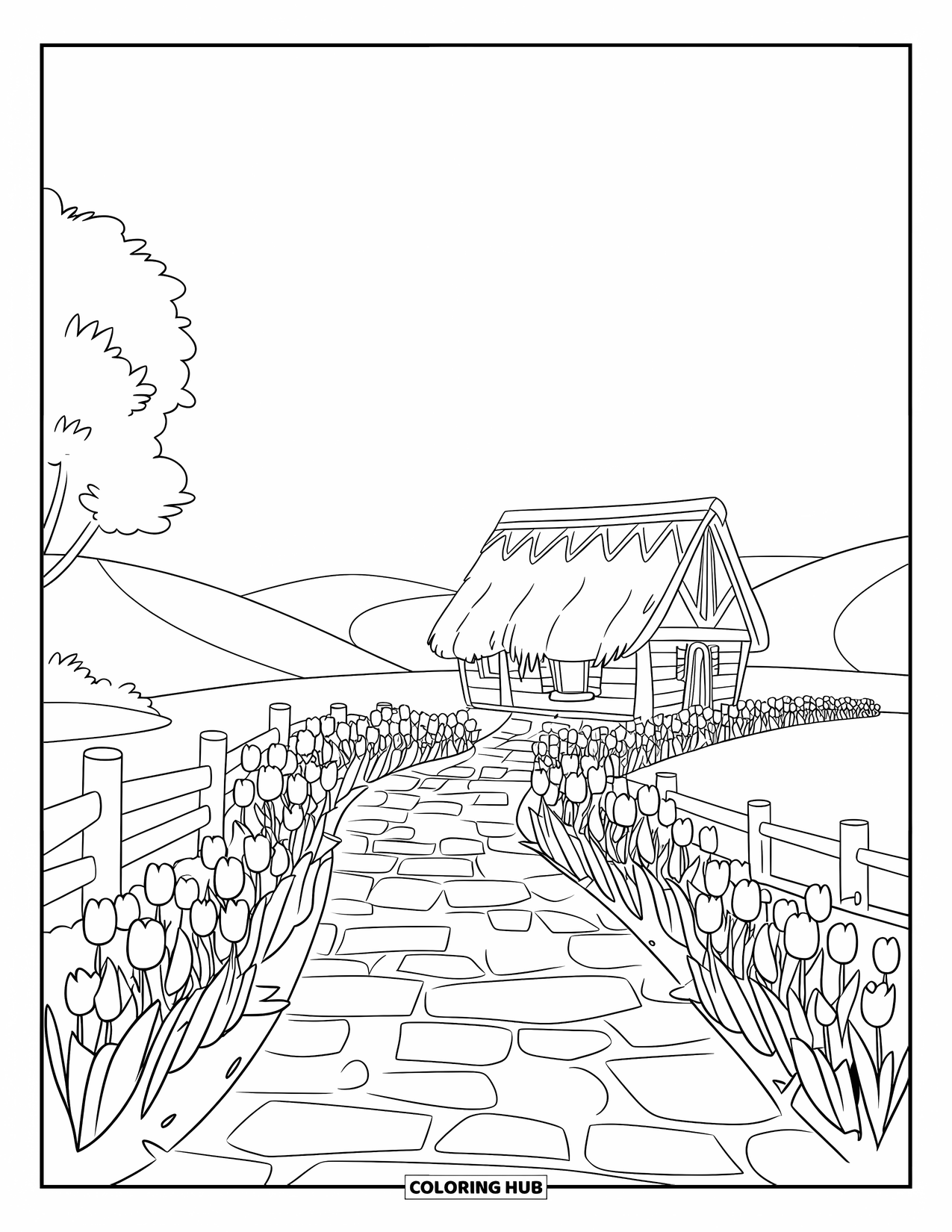 Tulip Coloring Page for Kids: A winding path with tulips leads to a small wooden cabin