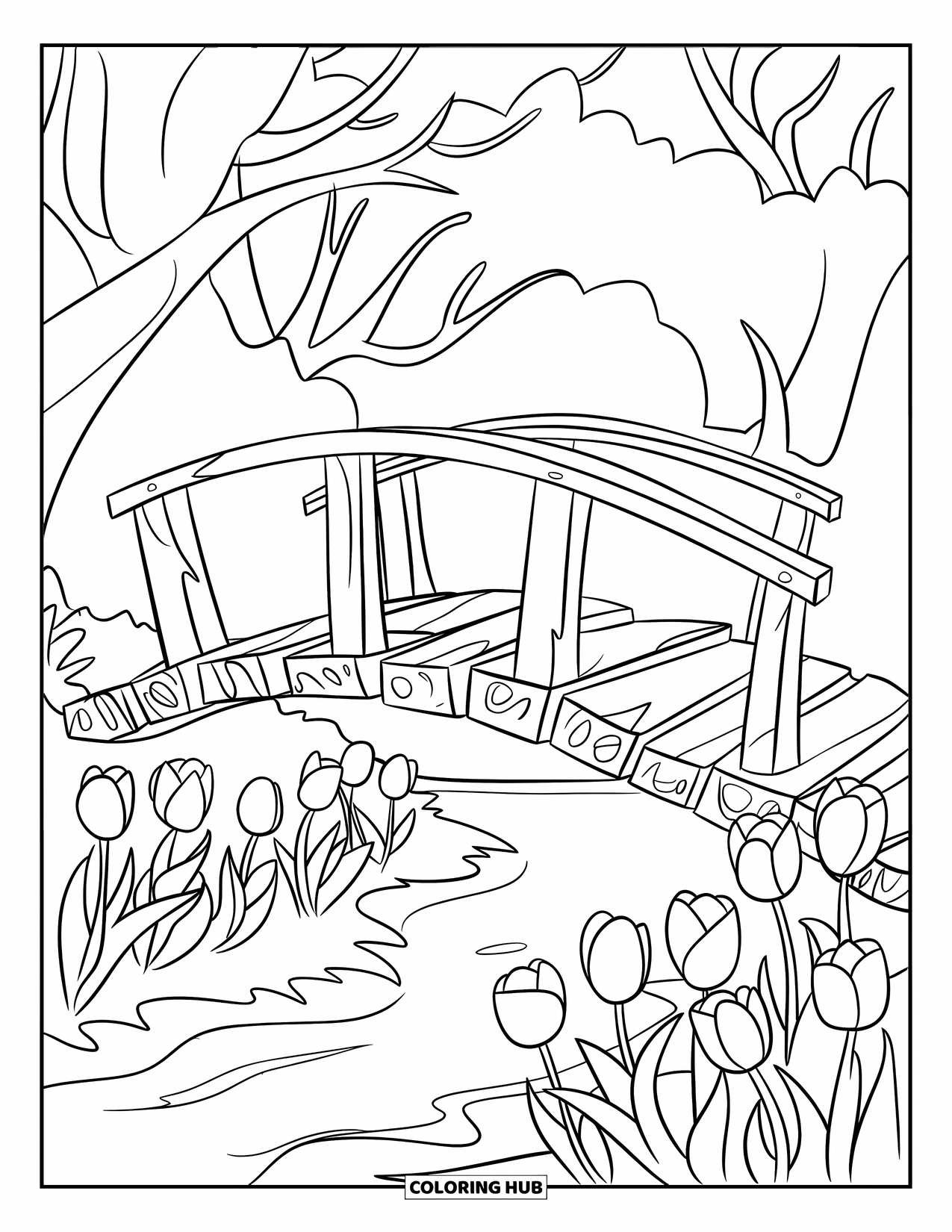 Tulip Coloring Page for Kids: A wooden bridge arches over a stream, framed by tulips and leafless trees