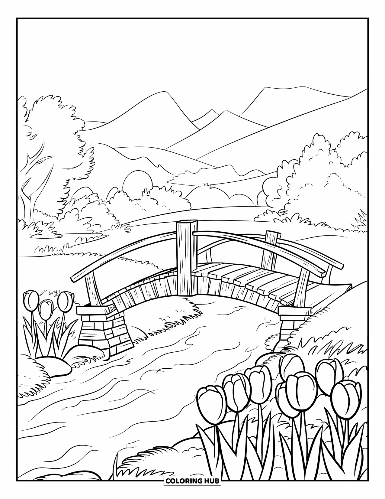 Tulip Coloring Page for Kids: A wooden bridge spans a stream, with tulips lining the banks