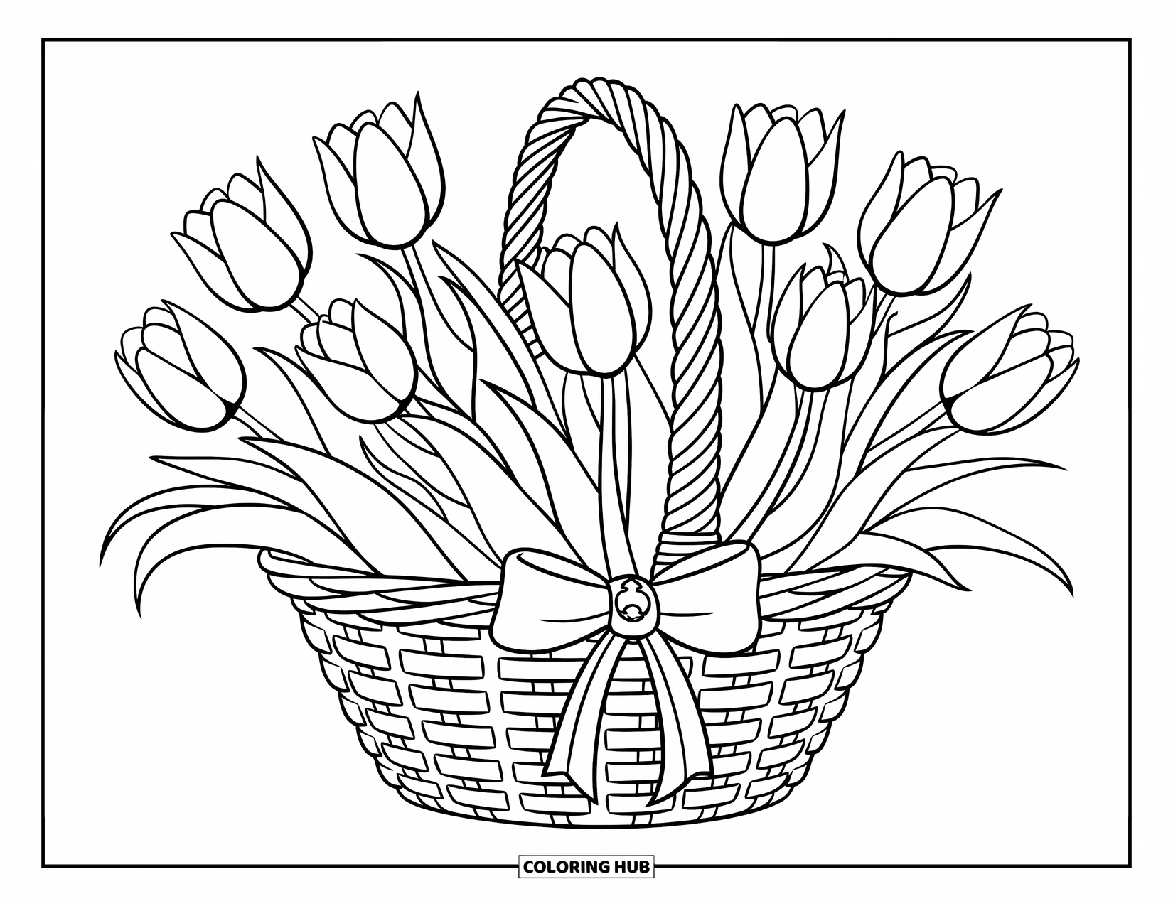Tulip Coloring Page for Kids: A woven basket with a bow holds tulips, simple and charming