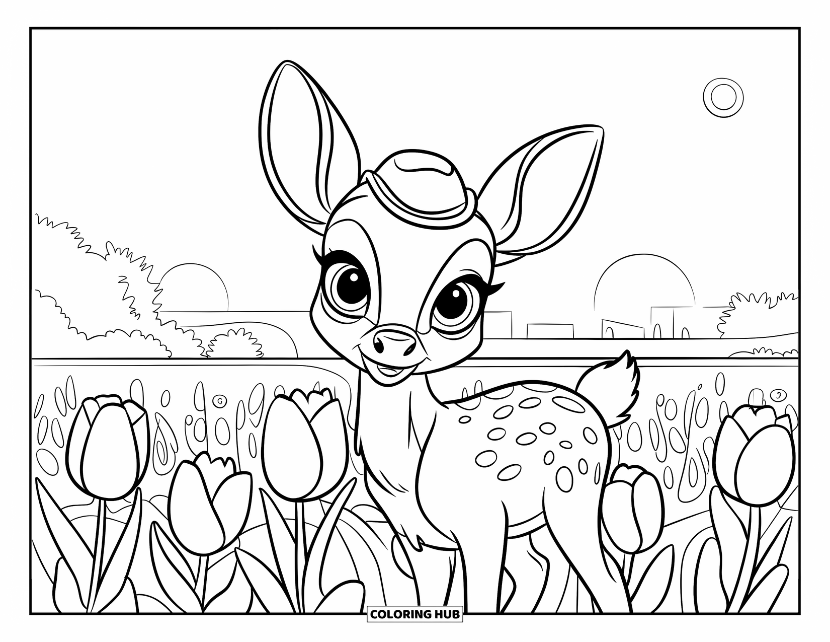Tulip Coloring Page for Kids: A young deer with a small hat stands in a vast tulip field at dawn