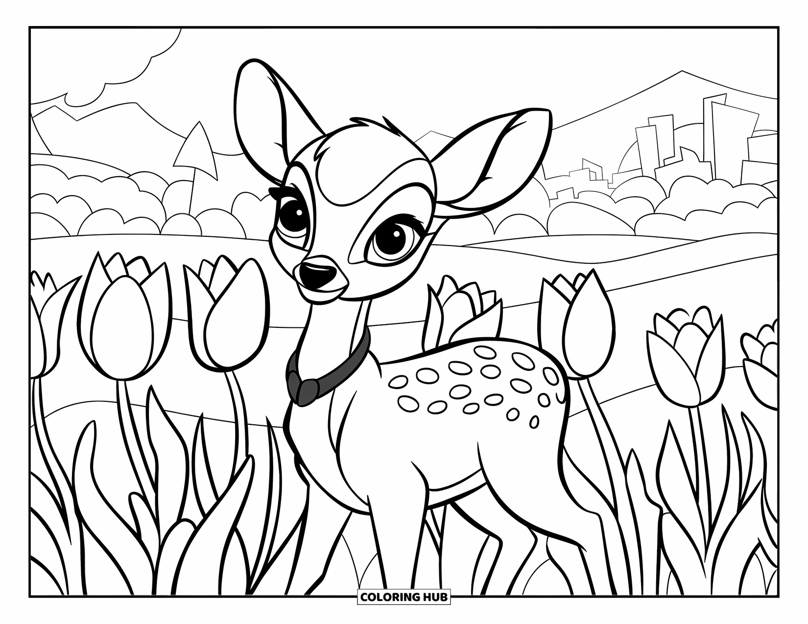 Tulip Coloring Page for Kids: A young deer with big eyes stands in a tulip field, wearing a green collar