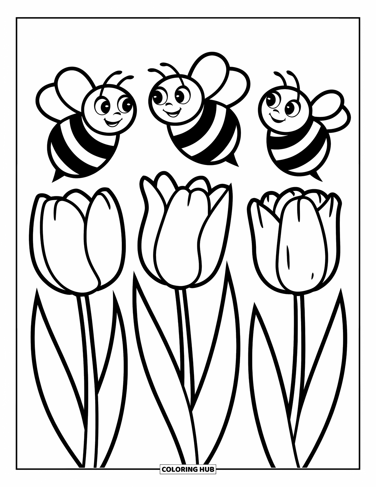 Tulip Coloring Page for Kids: Three bees hover over tulips, creating a cheerful garden scene
