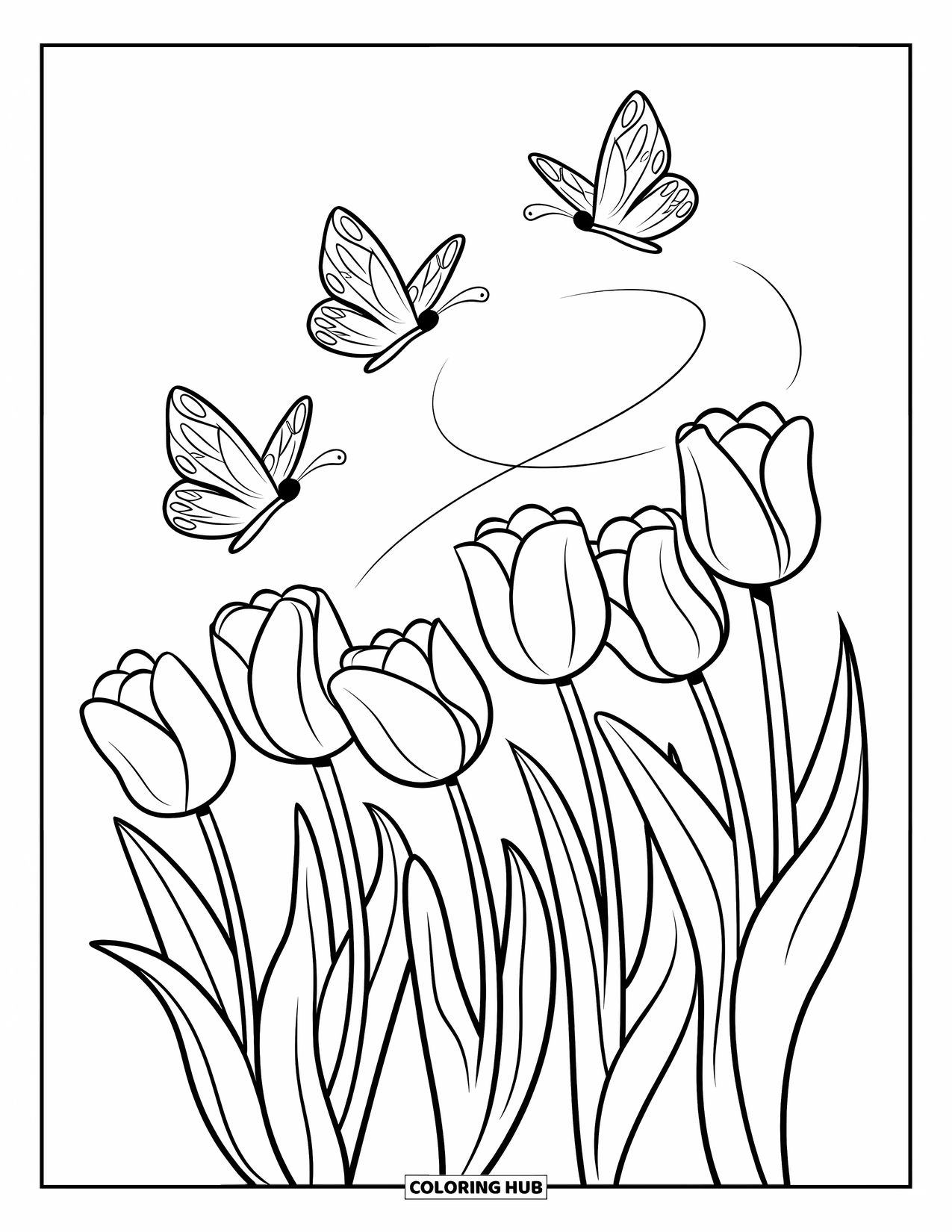 Tulip Coloring Page for Kids: Three butterflies fly above tulips swaying in a light breeze