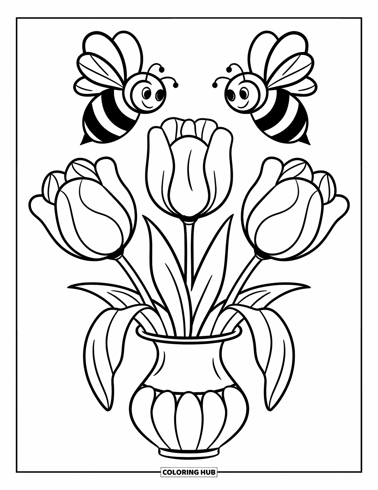 Tulip Coloring Page for Kids: Three tulips in a vase attract bees, creating a lively scene