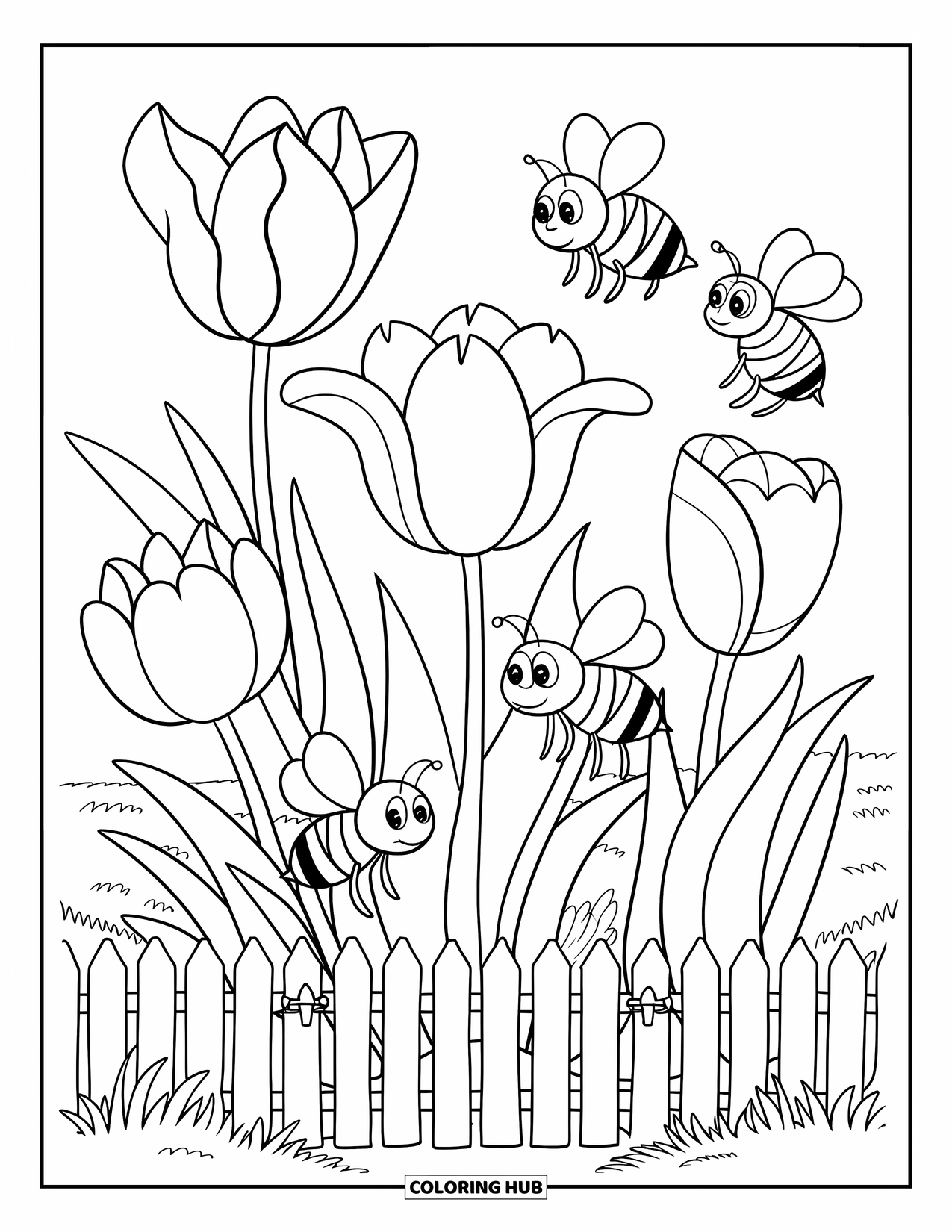 Tulip Coloring Page for Kids: Tulips and three buzzing bees surround a picket fence in a field