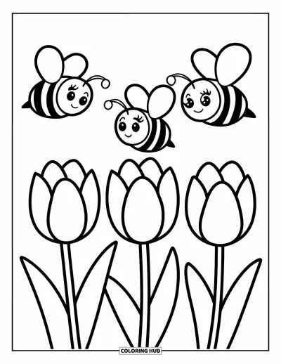 Tegning med tulipaner til børn: Tulipaner blomstrer mens tre bier summer over dem i en enkel scene