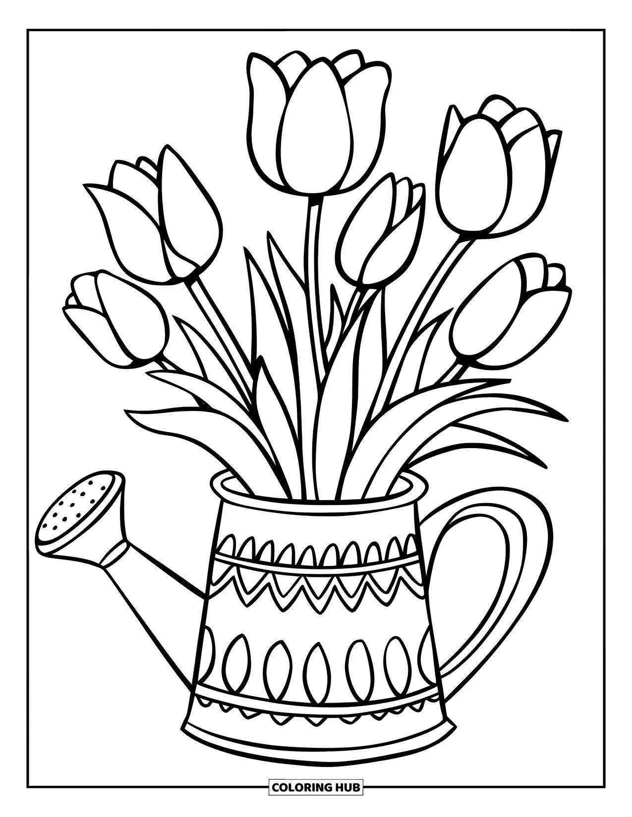 Tulip Coloring Page for Kids: Tulips bloom from a decorated watering can, standing alone